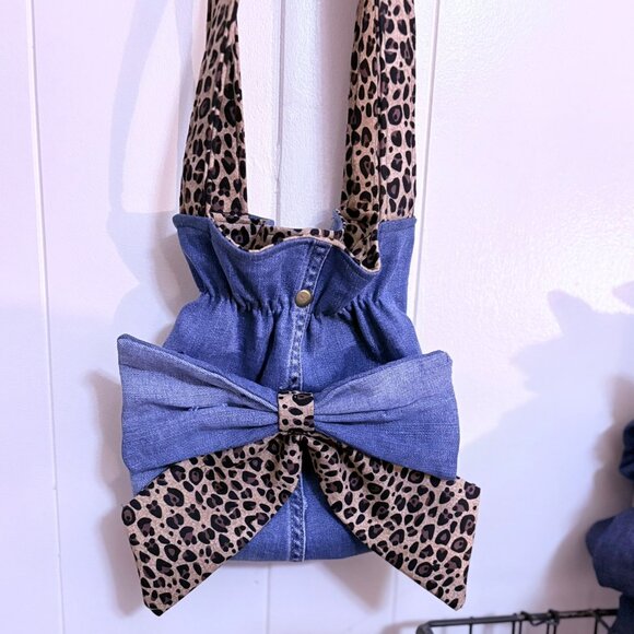 Shoulder Bag, Bow, Denim, Leopard Print, Purse, Handbag, Pocketbook - Picture 1 of 5